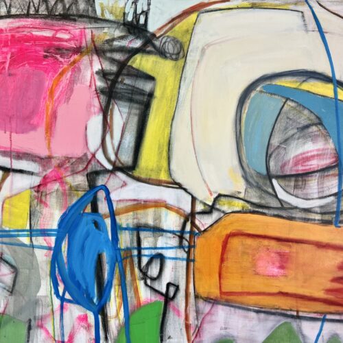 abstract painting featuring bold, overlapping shapes and lines in pink, yellow, orange, blue, and gray, creating a dynamic, energetic composition with textured brushstrokes and layered, geometric forms.
