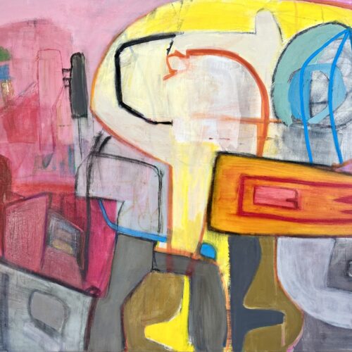 abstract painting with vivid colors including pink, yellow, orange, blue, and gray. features bold, black lines outlining irregular shapes and overlapping forms, creating a dynamic, energetic composition against a pink background.