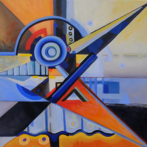 abstract painting with intersecting geometric shapes in blue, orange, yellow, and black tones. features circles, lines, triangles, and dynamic angles, creating a sense of movement and layered composition.