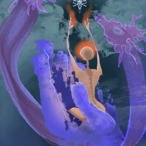 a glowing, ethereal figure with an orange halo lifts its arms toward a radiant, star shaped symbol. surrounded by swirling purple forms and misty clouds, the scene feels mystical and otherworldly.
