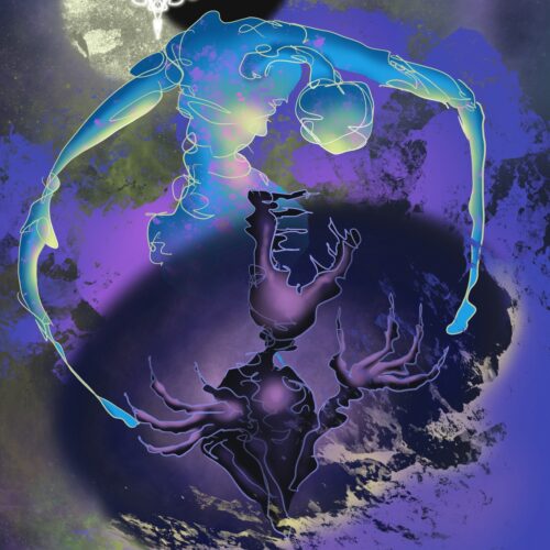 abstract digital artwork of a blue and purple figure with outstretched arms above a shadowy mirrored form, set against a cosmic, swirling background with a dark sun and glowing white symbol at the top left.