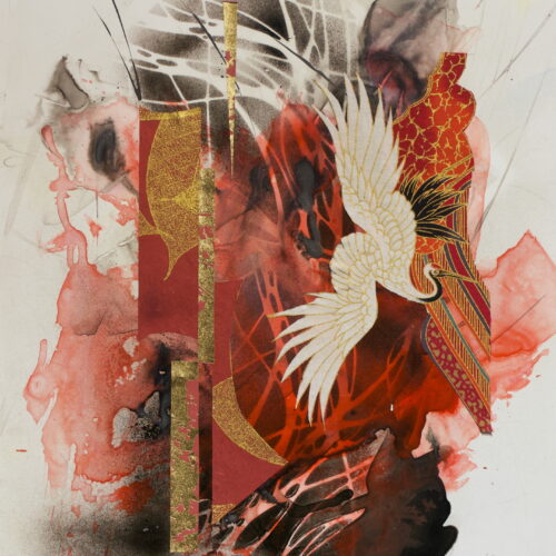 abstract artwork with a white crane featuring gold and red patterned wings, set against a background of red, black, and white splashes, gold geometric shapes, and organic, smoky textures.