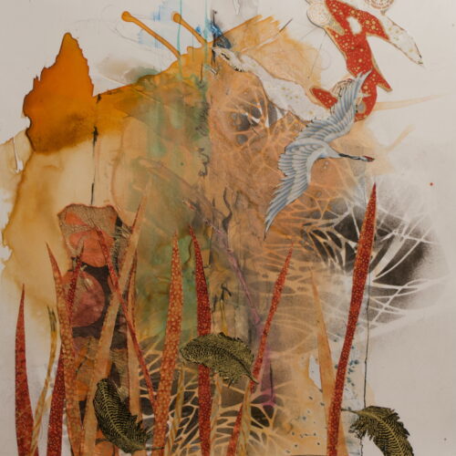 abstract art featuring orange and brown splashes, tall red and gold grass like shapes, three fish, a blue bird, and a red patterned form on a textured background. mixed media elements create a dynamic, layered composition.