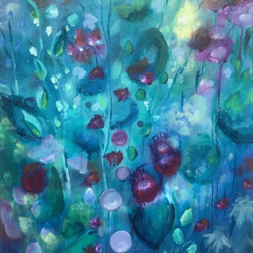 abstract painting in cool tones of blue and green with splashes of pink, red, and purple. the artwork features dreamy, impressionistic shapes resembling flowers and leaves, suggesting an underwater or garden scene.