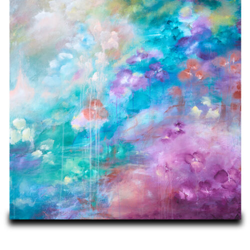an abstract painting with soft pastel colors blending turquoise, pink, purple, and white, resembling dreamy clouds or blooming flowers. the brushstrokes create a sense of movement and ethereal atmosphere.