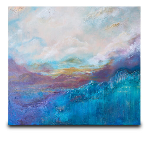 abstract painting with textured blue and purple tones in the foreground, blending into soft pastel clouds and a hint of golden light in the sky, evoking a serene, dreamy landscape.