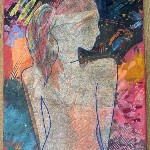 colorful abstract painting of a woman’s silhouette with her back turned, hair in a ponytail. the background features vibrant splashes of pink, orange, blue, and yellow with textured, energetic brushstrokes.