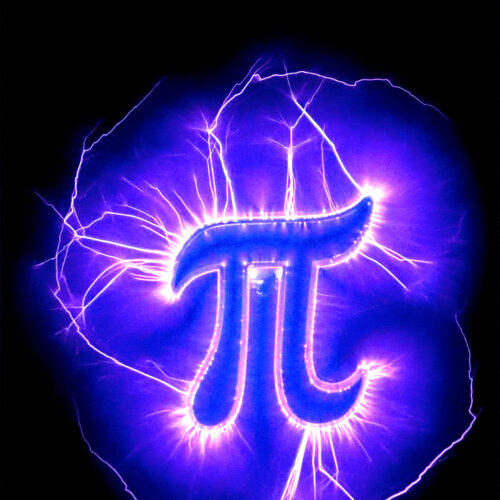 the mathematical symbol for pi glows brightly in the center, surrounded by vivid purple and blue electric lightning against a black background.
