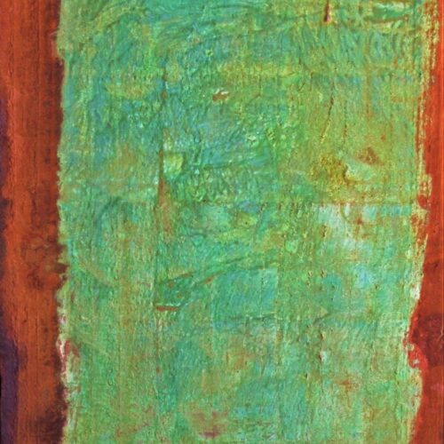 abstract painting with a large, textured green rectangle in the center, bordered by a rough, reddish brown frame. the brushstrokes and colors blend unevenly, creating an organic, layered effect.