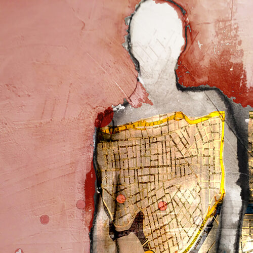 abstract artwork of a faceless human figure with a torso covered in a city street map outlined in yellow, set against a textured pink and red background with visible brushstrokes and paint splatters.