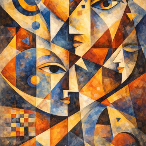 abstract cubist painting with three stylized human faces interwoven among geometric shapes in blue, orange, and yellow tones; includes circles, triangles, and layered patterns throughout the composition.
