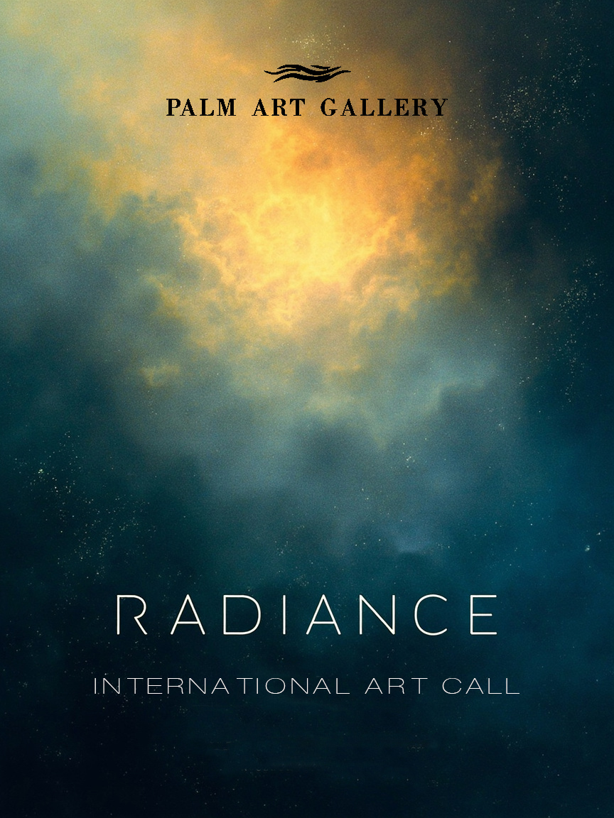 a glowing cloud of golden light on a blue black background with the text: "palm art gallery. radiance. international art call for entry.