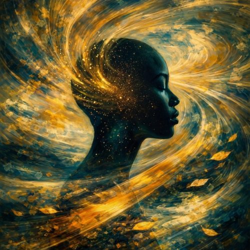 a silhouette of a woman’s profile with glowing, swirling golden and blue light surrounding her head and shoulders, evoking a sense of energy, cosmos, and imagination.