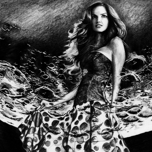 Black and white drawing of a woman with long hair and a patterned dress beneath swirling clouds, capturing the poetic style of John Calabrese - Princess Kept Her View.