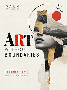 A surreal art poster with a woman’s face merged with landscapes and gold textures, text reads: “Art Without Boundaries. Submit now. Open for 15 days only. Palm Art Gallery.” A red sun and flying birds appear at the top.
