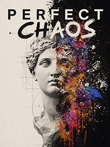 A classical stone bust with half its face dissolving into a colorful splatter of paint, set against a black and white background with the text “PERFECT CHAOS” at the top.