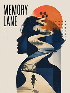 Poster titled “Memory Lane” featuring the silhouette of a person’s head filled with a winding road passing through scenes of a childhood, cars, and a beach, with a child running along the path.